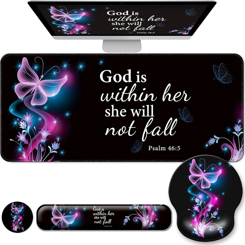 VINEBURY Desk Mat Set + Keyboard and Mouse Pad with Wrist Rest Support,4-in-1 Large Mousepad Computer Mats for Desktop Home & Office-Purple Butterflies - Image 1